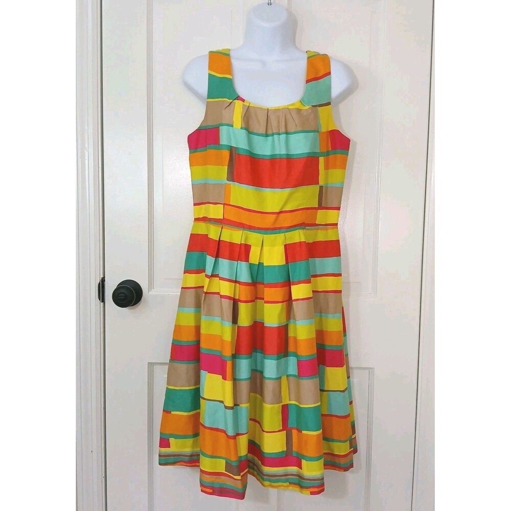 Madison Leigh Multi-Color Geometric Striped Fit & Flare Dress Sz 10 Retro Vibe
